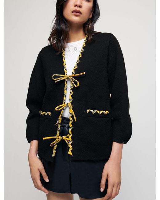 Maje Cotton Reversible Checked Cardigan in Yellow Lyst