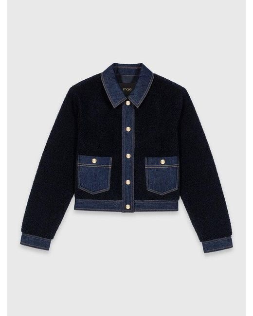 Maje Blue Bouclé And Denim-Detail Jacket