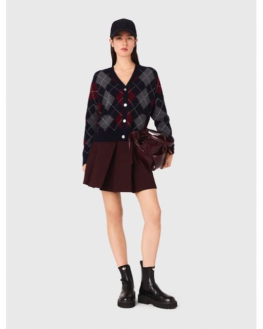Maje Red Cropped Argyle Pattern Cardigan