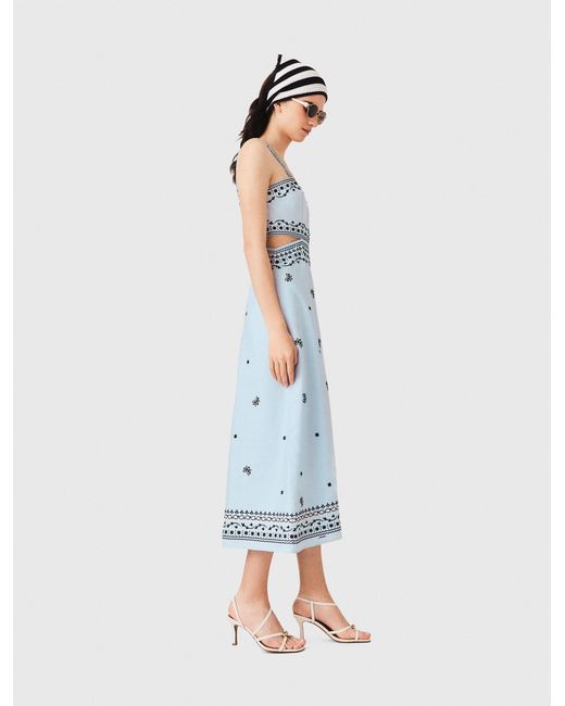 Maje Blue Embroidered Linen Blend Maxi Dress