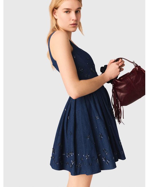 Maje Blue Flared Embroidered Denim Dress