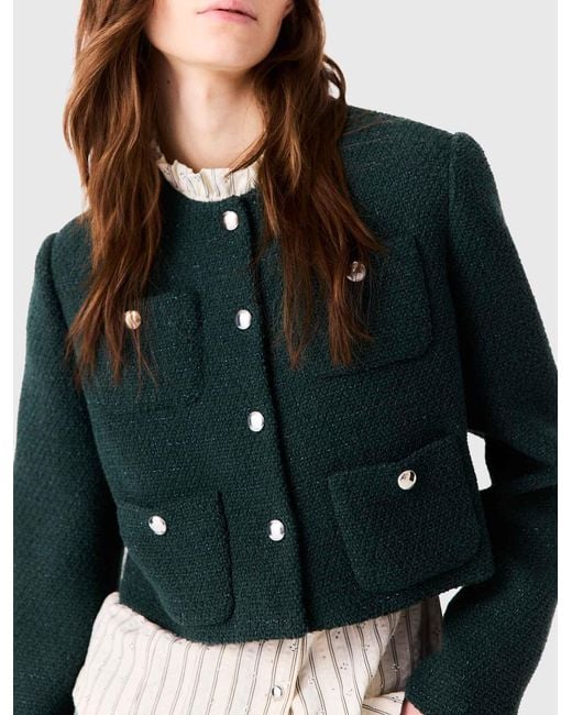Maje Blue Tweed Jacket With Fringe Trim