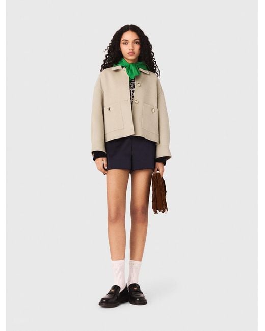 Maje White Short Pleated-Back Wool Jacket