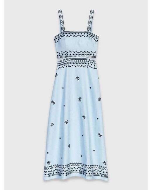 Maje Blue Embroidered Linen Blend Maxi Dress