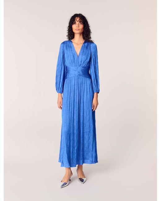 Maje Blue Pleated Satin Maxi Dress