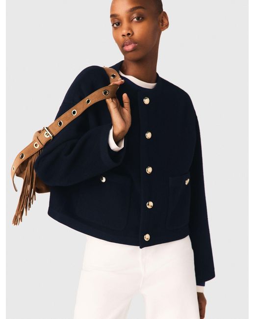 Maje Blue Double-Faced Jacket, Braided Trim