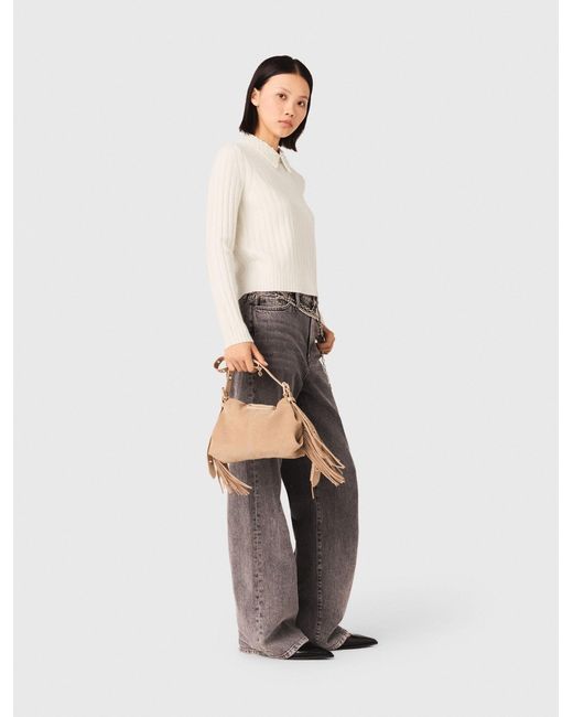 Maje White Pearl-Collar Ribbed Jumper