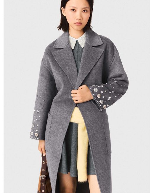 Maje White Long Double-Faced Rhinestone Coat