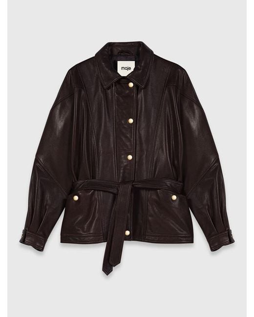 Maje Brown Oversize-Button Leather Jacket