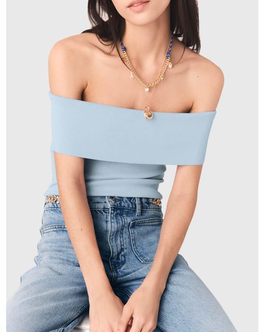Maje Blue Bardot Rib Knit Top