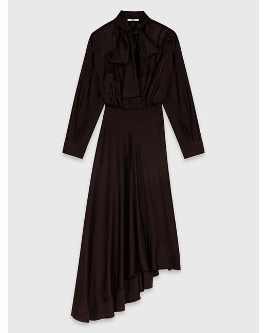 Maje Black Asymmetrical Satin Midi Dress