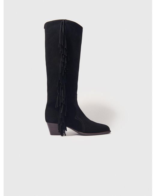 Bottes Western En Suède À Franges Maje en coloris Black