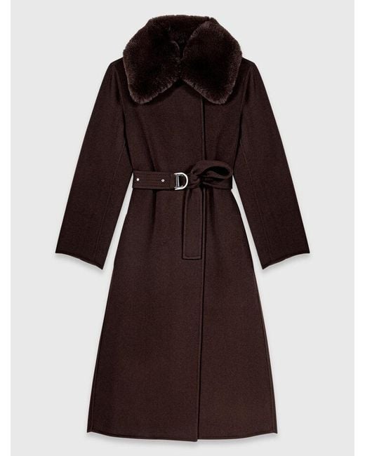 Maje Red Long Coat With Faux Fur Collar