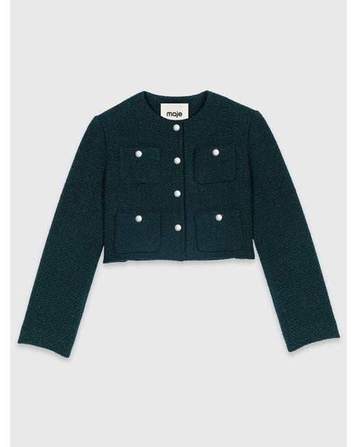 Maje Blue Tweed Jacket With Fringe Trim