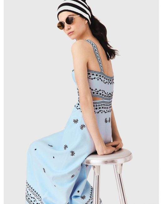 Maje Blue Embroidered Linen Blend Maxi Dress