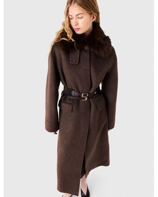 Maje Multicolor Long Coat With Faux Fur Collar