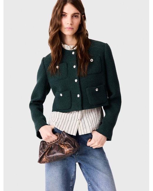 Maje Blue Tweed Jacket With Fringe Trim