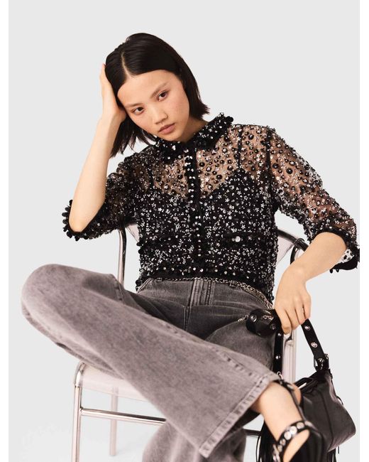 Maje White Floral Rhinestone Polo
