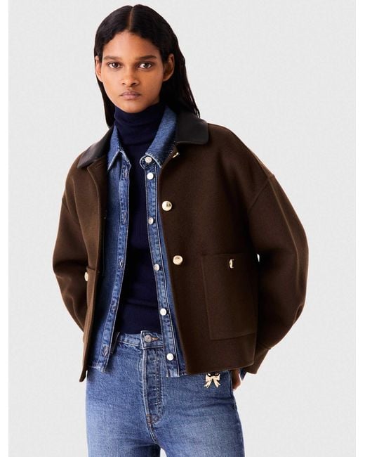 Maje Blue Short Wool Jacket With Pleated Back