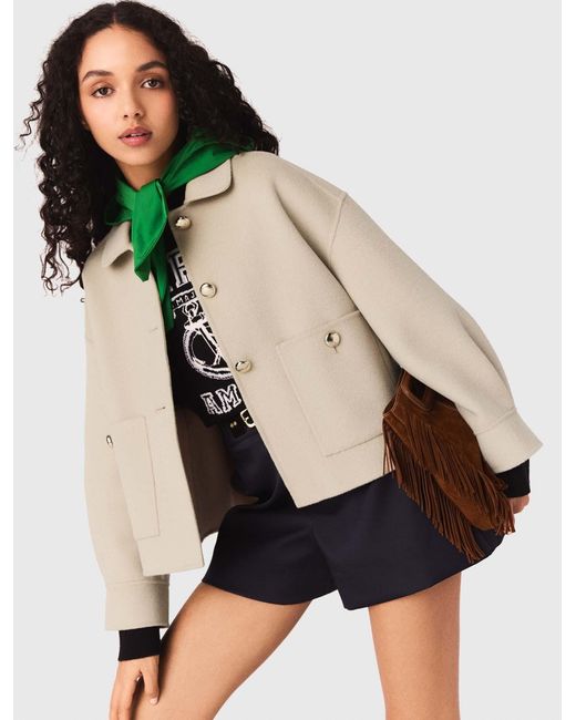 Maje White Short Pleated-Back Wool Jacket