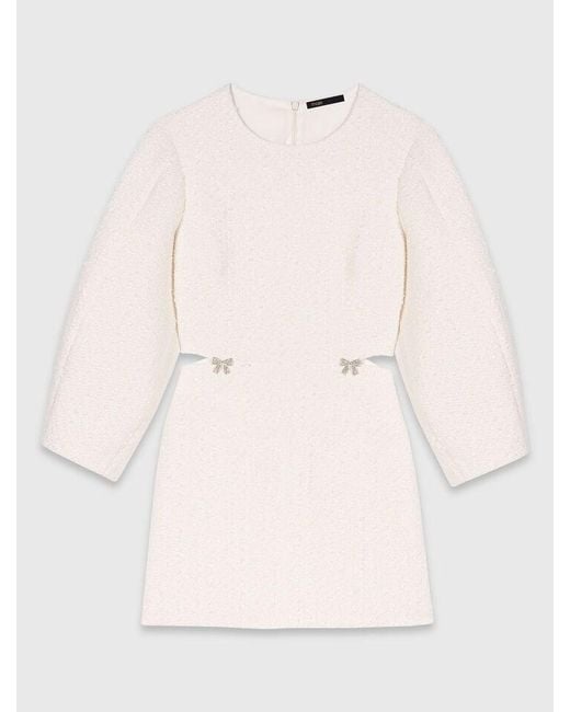 Maje White Short Balloon-Sleeve Tweed Dress