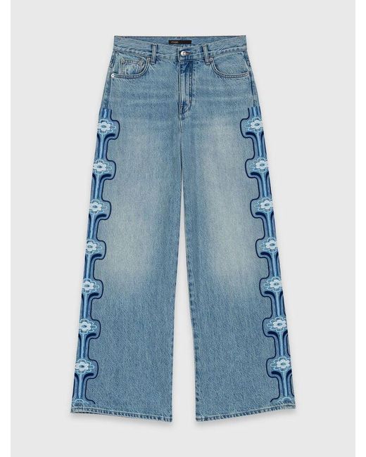Maje Blue Floral Embroidered Wide-Leg Jeans