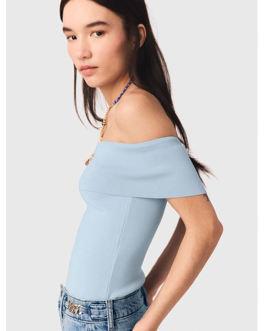 Maje Blue Bardot Rib Knit Top