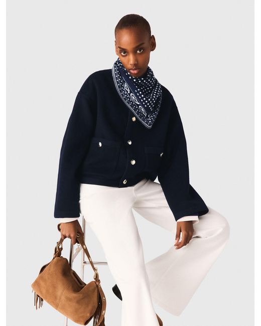 Maje Blue Double-Faced Jacket, Braided Trim