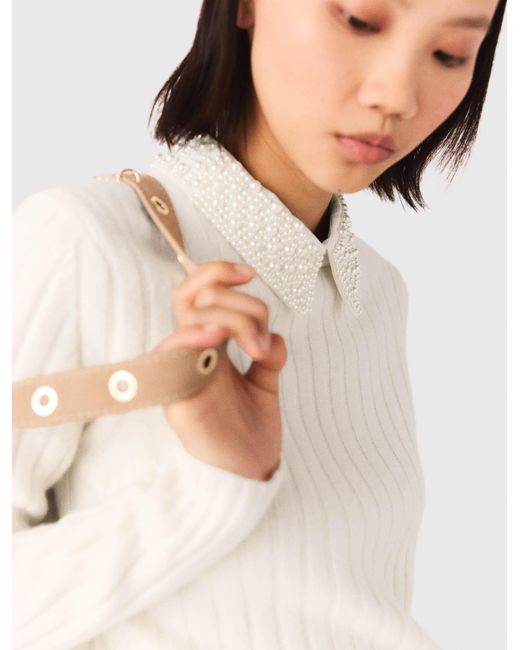 Maje White Pearl-Collar Ribbed Jumper