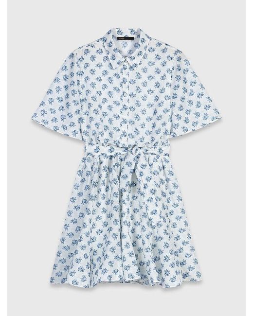 Maje White Short Patterned Linen-Blend Dress
