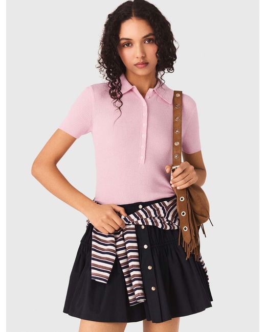 Maje Pink Polo Collar Ribbed Sweater