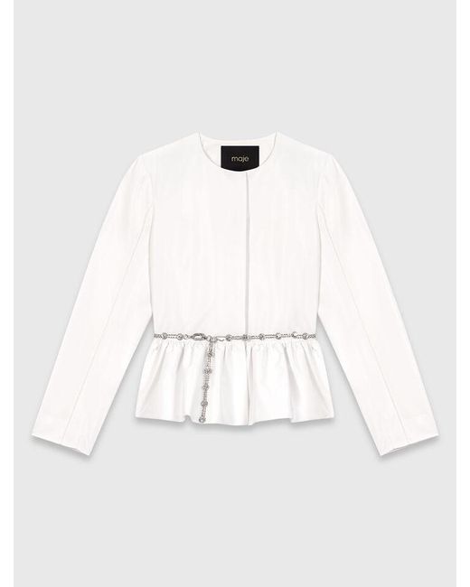 Maje White Cropped Jacket With Jewelled Belt