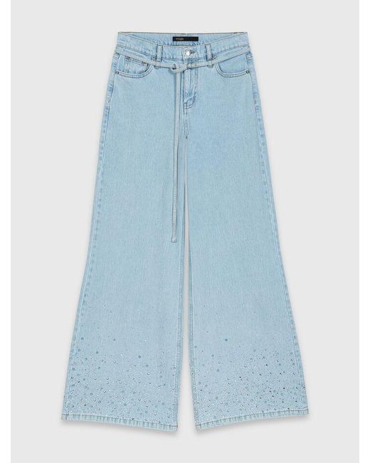 Maje Blue Wide-Leg Rhinestone Jeans