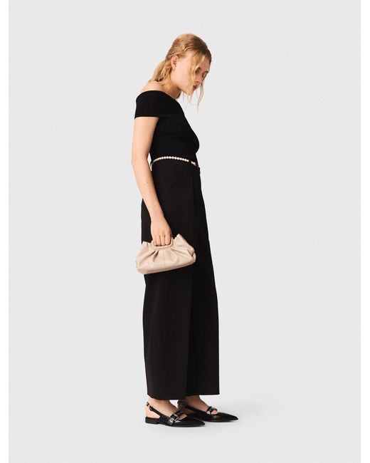 Maje Black Rib Knit Bardot-Neck Top
