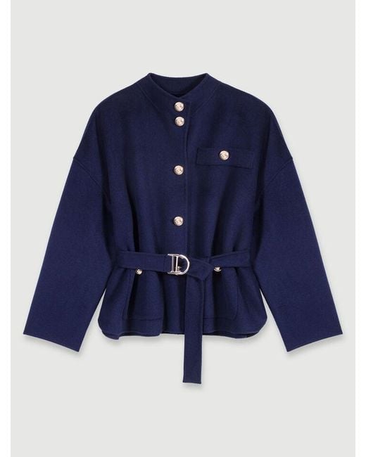 Maje Blue Belted Short Wool Coat