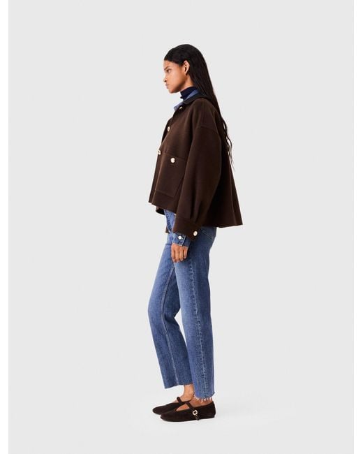 Maje Blue Short Wool Jacket With Pleated Back