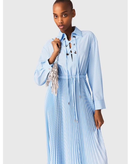 Maje Blue Long Pleated Dress With Eyelets