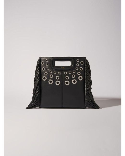 Maje Black Leather Fringe Eyelet Bag