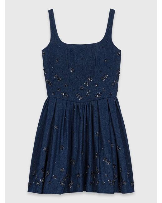 Maje Blue Flared Embroidered Denim Dress