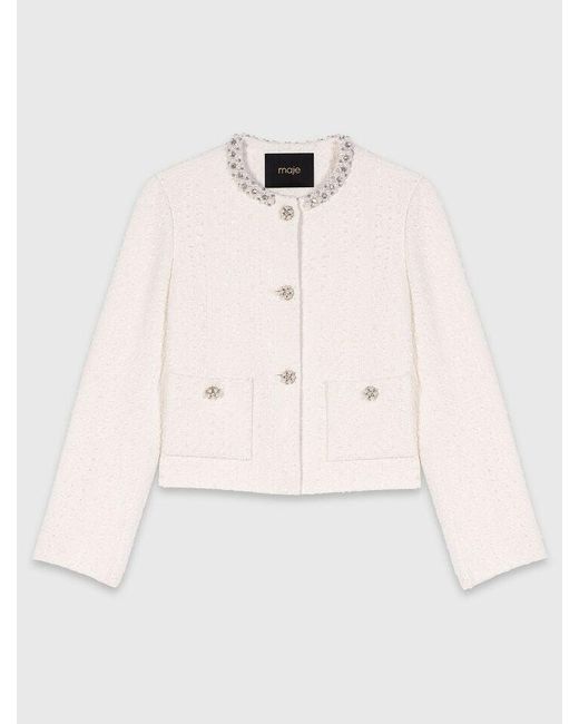 Maje Blue Pearl-Trimmed Tweed Jacket