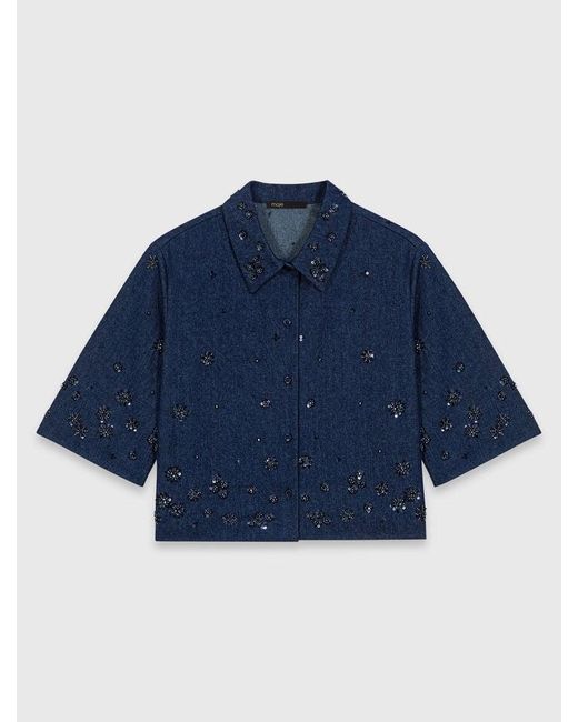 Maje Blue Embroidered Cropped Denim Shirt