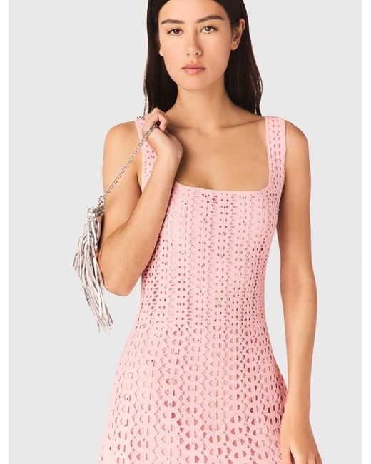 Maje Pink Rhinestone Crochet Midi Dress