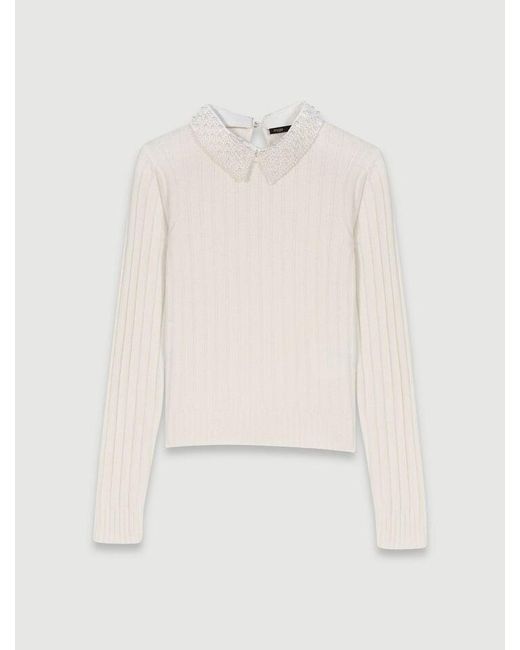 Maje White Pearl-Collar Ribbed Jumper