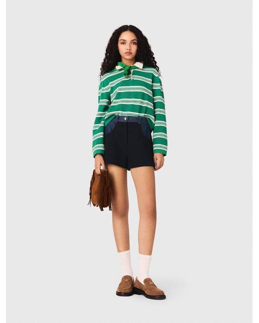 Maje Green Cropped Striped Polo Jumper