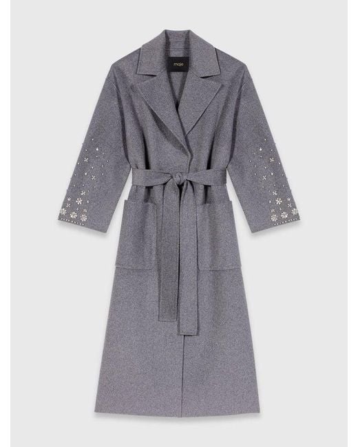 Maje White Long Double-Faced Rhinestone Coat