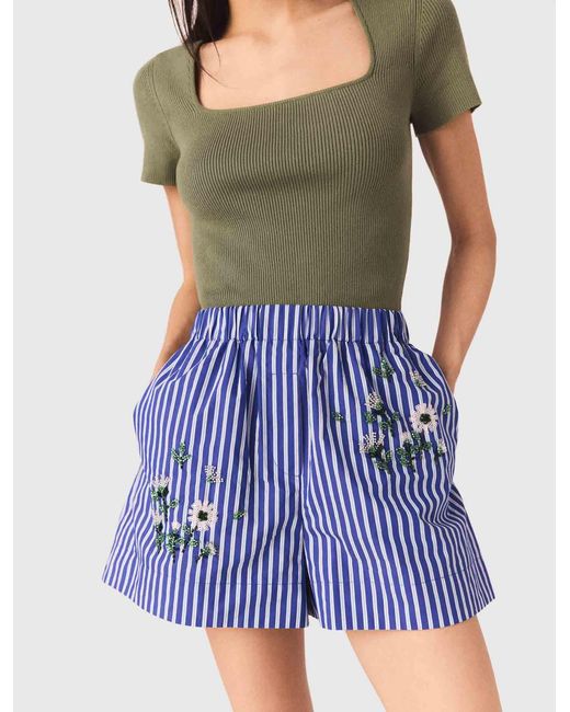 Maje Blue Embroidered Striped Cotton Shorts