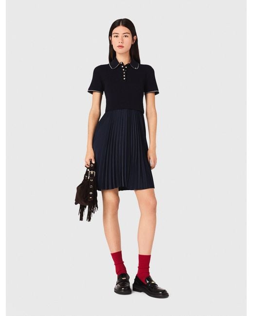 Maje Blue Short Pleated Polo Collar Dress