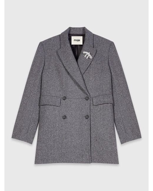 Maje Gray Mid-Length Wool Blend Coat