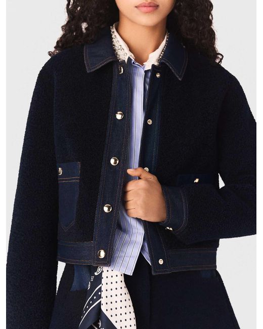Maje Blue Bouclé And Denim-Detail Jacket