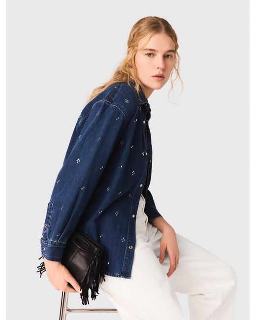 Maje Blue Rhinestone Denim Shirt